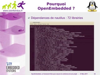 Pourquoi
www.cioinfoindus.fr
                               OpenEmbedded ?

                      Dépendances de nautilus : 72 librairies




                      OpenEmbedded, un framework libre pour assurer la cohérence de son projet -   31 Mars 2011   11
 