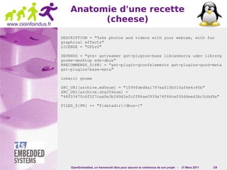 Anatomie d'une recette
www.cioinfoindus.fr
                                (cheese)
                      DESCRIPTION = "Take photos and videos with your webcam, with fun
                      graphical effects"
                      LICENSE = "GPLv2"

                      DEPENDS = "gtk+ gstreamer gst-plugins-base libcanberra udev librsvg
                      gnome-desktop eds-dbus"
                      RRECOMMENDS_${PN} = "gst-plugin-gconfelements gst-plugins-good-meta
                      gst-plugins-base-meta"

                      inherit gnome

                      SRC_URI[archive.md5sum] = "1599fded8a1797ea51fb010af4e6c45b"
                      SRC_URI[archive.sha256sum] =
                      "48f03470c6f527caa0e3b269d3afcff86ae0939a74f66ce030d4eed3bc3cbd9a"

                      FILES_${PN} += "${datadir}/dbus-1"




                          OpenEmbedded, un framework libre pour assurer la cohérence de son projet -   31 Mars 2011   19
 