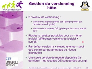 Gestion du versionning
www.cioinfoindus.fr
                               hôte

                      2 niveaux de versionning :
                             Version du logiciel (gérée par l'équipe projet qui
                             développe ce logiciel)
                             Version de la recette OE (gérée par la communauté
                             OE)

                      Plusieurs recettes possibles pour un même
                      logiciel (différentes versions du logiciel +
                      svn/git)                                     

                      Par défaut version la + élevée retenue – peut
                      être contré par paramétrage au niveau
                      distribution
                      Une seule version de recette disponible (la
                      dernière) – les recettes OE sont gérées sous git

                      OpenEmbedded, un framework libre pour assurer la cohérence de son projet -   31 Mars 2011   23
 