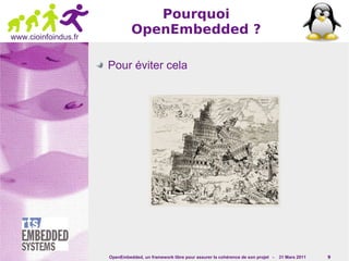Pourquoi
www.cioinfoindus.fr
                               OpenEmbedded ?

                      Pour éviter cela




                      OpenEmbedded, un framework libre pour assurer la cohérence de son projet -   31 Mars 2011   9
 