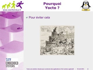 Yocto une solution robuste pour construire des applications à fort contenu applicatif. - 10 Avril 2013 10
www.cioinfoindus.fr
Pourquoi
Yocto ?
Pour éviter cela
 