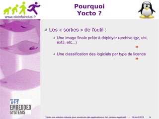 Yocto une solution robuste pour construire des applications à fort contenu applicatif. - 10 Avril 2013 14
www.cioinfoindus.fr
Pourquoi
Yocto ?
Les « sorties » de l'outil :
Une image finale prête à déployer (archive tgz, ubi,
ext3, etc...)

Une classification des logiciels par type de licence

 