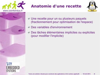Yocto une solution robuste pour construire des applications à fort contenu applicatif. - 10 Avril 2013 20
www.cioinfoindus.fr
Anatomie d'une recette
Une recette pour un ou plusieurs paquets
(fractionnement pour optimisation de l'espace)
Des variables d'environnement
Des tâches élémentaires implicites ou explicites
(pour modifier l'implicite)
 