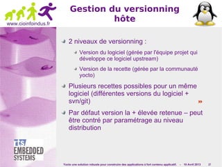 Yocto une solution robuste pour construire des applications à fort contenu applicatif. - 10 Avril 2013 27
www.cioinfoindus.fr
Gestion du versionning
hôte
2 niveaux de versionning :
Version du logiciel (gérée par l'équipe projet qui
développe ce logiciel upstream)
Version de la recette (gérée par la communauté
yocto)
Plusieurs recettes possibles pour un même
logiciel (différentes versions du logiciel +
svn/git) 
Par défaut version la + élevée retenue – peut
être contré par paramétrage au niveau
distribution
 