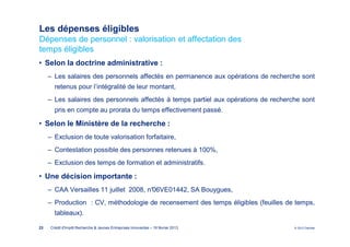 Les dépenses éligibles
Dépenses de personnel : valorisation et affectation des
temps éligibles
• Selon la doctrine administrative :
     ‒ Les salaires des personnels affectés en permanence aux opérations de recherche sont
        retenus pour l’intégralité de leur montant,
     ‒ Les salaires des personnels affectés à temps partiel aux opérations de recherche sont
        pris en compte au prorata du temps effectivement passé.

• Selon le Ministère de la recherche :
     ‒ Exclusion de toute valorisation forfaitaire,
     ‒ Contestation possible des personnes retenues à 100%,
     ‒ Exclusion des temps de formation et administratifs.

• Une décision importante :
     ‒ CAA Versailles 11 juillet 2008, n°
                                        06VE01442, SA Bouygues,
     ‒ Production : CV, méthodologie de recensement des temps éligibles (feuilles de temps,
        tableaux).

23    Crédit d'Impôt Recherche & Jeunes Entreprises Innovantes – 19 février 2013     © 2012 Deloitte
 