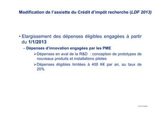 Modification de l’assiette du Crédit d’impôt recherche (LDF 2013)




• Elargissement des dépenses éligibles engagées à partir
  du 1/1/2013
  ‒ Dépenses d’innovation engagées par les PME
        Dépenses en aval de la R&D : conception de prototypes de
        nouveaux produits et installations pilotes
        Dépenses éligibles limitées à 400 K€ par an, au taux de
        20%




                                                              © 2012 Deloitte
 