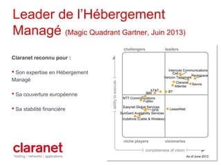 Leader de l’Hébergement
Managé (Magic Quadrant Gartner, Juin 2013)
Claranet reconnu pour :
• Son expertise en Hébergement
Managé
• Sa couverture européenne
• Sa stabilité financière
 