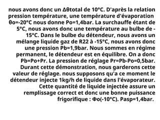 nous avons donc un ∆θtotal de 10°C. D'après la relation
pression température, une température d'évaporation
θo=-20°C nous donne Po=1,4bar. La surchauffe étant de
5°C, nous avons donc une température au bulbe de -
15°C. Dans le bulbe du détendeur, nous avons un
mélange liquide gaz de R22 à -15°C, nous avons donc
une pression Pb=1,9bar. Nous sommes en régime
permanent, le détendeur est en équilibre. On a donc
Pb=Po+Pr. La pression de réglage Pr=Pb-Po=0,5bar.
Durant cette démonstration, nous garderons cette
valeur de réglage. nous supposons qu'a ce moment le
détendeur injecte 1kg/h de liquide dans l'évaporateur.
Cette quantité de liquide injectée assure un
remplissage correct et donc une bonne puissance
frigorifique : Φo(-10°C). Pasp=1,4bar.
 