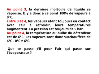 Au point 3, la dernière molécule de liquide se
vaporise. II y a donc a ce point 100% de vapeurs à
0°C.
Entre 3 et 4, les vapeurs étant toujours en contact
avec l'air à refroidir, leurs températures
augmentent. La pression est toujours de 5 bar.
Au point 4, la température au bulbe du détendeur
est de 6°C. Les vapeurs sont donc surchauffées de
6°C - 0°C = 6°C.
Que se passe t'il pour l'air qui passe sur
l'évaporateur ?
 
