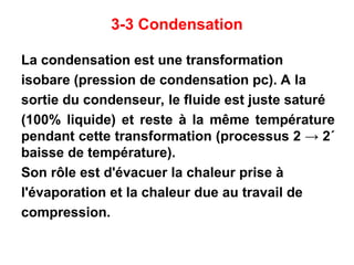 3-3 Condensation
La condensation est une transformation
isobare (pression de condensation pc). A la
sortie du condenseur, le fluide est juste saturé
(100% liquide) et reste à la même température
pendant cette transformation (processus 2 → 2´
baisse de température).
Son rôle est d'évacuer la chaleur prise à
l'évaporation et la chaleur due au travail de
compression.
 