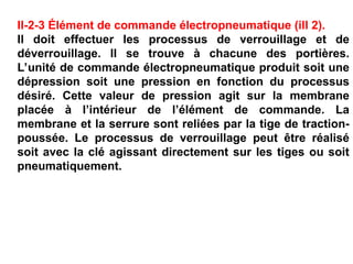 II-2-3 Élément de commande électropneumatique (ill 2).
Il doit effectuer les processus de verrouillage et de
déverrouillage. Il se trouve à chacune des portières.
L’unité de commande électropneumatique produit soit une
dépression soit une pression en fonction du processus
désiré. Cette valeur de pression agit sur la membrane
placée à l’intérieur de l’élément de commande. La
membrane et la serrure sont reliées par la tige de traction-
poussée. Le processus de verrouillage peut être réalisé
soit avec la clé agissant directement sur les tiges ou soit
pneumatiquement.
 