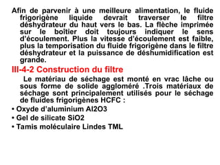Afin de parvenir à une meilleure alimentation, le fluide
frigorigène liquide devrait traverser le filtre
déshydrateur du haut vers le bas. La flèche imprimée
sur le boîtier doit toujours indiquer le sens
d’écoulement. Plus la vitesse d’écoulement est faible,
plus la temporisation du fluide frigorigène dans le filtre
déshydrateur et la puissance de déshumidification est
grande.
III-4-2 Construction du filtre
Le matériau de séchage est monté en vrac lâche ou
sous forme de solide aggloméré .Trois matériaux de
séchage sont principalement utilisés pour le séchage
de fluides frigorigènes HCFC :
• Oxyde d’aluminium Al2O3
• Gel de silicate SiO2
• Tamis moléculaire Lindes TML
 