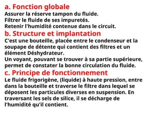 a. Fonction globale
Assurer la réserve tampon du fluide.
Filtrer le fluide de ses impuretés.
Retenir l'humidité contenue dans le circuit.
b. Structure et implantation
C'est une bouteille, placée entre le condenseur et la
soupape de détente qui contient des filtres et un
élément Déshydrateur.
Un voyant, pouvant se trouver à sa partie supérieure,
permet de constater la bonne circulation du fluide.
c. Principe de fonctionnement
Le fluide frigorigène, (liquide) à haute pression, entre
dans la bouteille et traverse le filtre dans lequel se
déposent les particules diverses en suspension. En
traversant les sels de silice, il se décharge de
l'humidité qu'il contient.
 