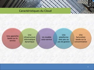 Caractéristiques du Cloud
3
Une approche
basée sur le
service
Une
infrastructure
informatique
dynamique
Un modèle
auto-service
Une
plateforme
avec peu ou
pas de gestion
Une
facturation
basée sur la
consommation
 
