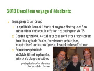● Trois projets amorcés
1. La qualité de l’eau où 1 étudiant en génie électrique et 5 en
informatique amorcent la création des outils pour WAITS
2. Gestion agricole où 4 étudiants échangent avec divers acteurs
du milieu agricole (écoles, fournisseurs, entreprises,
coopératives) sur les pratiques et les recherches effectuées.
3. Éducation spécialisée
où Sylvie Girard explore des
milieux de stages possibles
2013 Deuxième voyage d’étudiants
photo prise lors d'un churrasco
(barbecue) chez Evandro
 