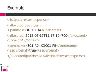 <listipaddressesresponse>
<allocatedipaddress>
<ipaddress>10.1.1.34</ipaddress>
<allocated>2013-05-15T11:17:10- 700</allocated>
<zoneid>4</zoneid>
<zonename>Z01-R0-IKDC01-FR</zonename>
<issourcenat>true</issourcenat>
</allocatedipaddress> </listipaddressesresponse>
Exemple
 