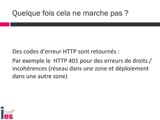 Des codes d'erreur HTTP sont retournés :
Par exemple le HTTP 401 pour des erreurs de droits /
incohérences (réseau dans une zone et déploiement
dans une autre zone)
Quelque fois cela ne marche pas ?
 