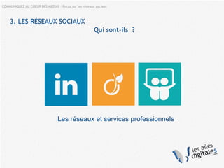 COMMUNIQUEZ AU COEUR DES MEDIAS – Focus sur les réseaux sociaux
Les réseaux et services professionnels
3. LES RÉSEAUX SOCIAUX
Qui sont-ils ?
 