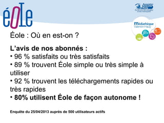 Éole : Où en est-on ?
L’avis de nos abonnés :
• 96 % satisfaits ou très satisfaits
• 89 % trouvent Éole simple ou très simple à
utiliser
• 92 % trouvent les téléchargements rapides ou
très rapides
• 80% utilisent Éole de façon autonome !
Enquête du 25/04/2013 auprès de 500 utilisateurs actifs

 