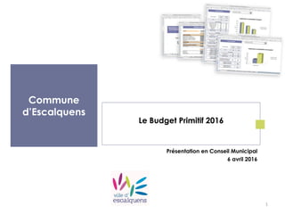 Commune
d’Escalquens
Le Budget Primitif 2016
Présentation en Conseil Municipal
6 avril 2016
1
 