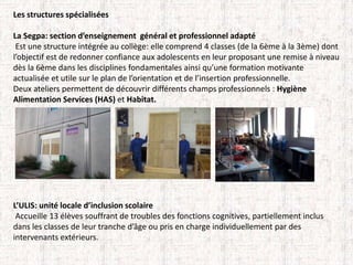 Les structures spécialisées 
La Segpa: section d’enseignement général et professionnel adapté 
Est une structure intégrée au collège: elle comprend 4 classes (de la 6ème à la 3ème) dont 
l’objectif est de redonner confiance aux adolescents en leur proposant une remise à niveau 
dès la 6ème dans les disciplines fondamentales ainsi qu’une formation motivante 
actualisée et utile sur le plan de l’orientation et de l’insertion professionnelle. 
Deux ateliers permettent de découvrir différents champs professionnels : Hygiène 
Alimentation Services (HAS) et Habitat. 
L’ULIS: unité locale d’inclusion scolaire 
Accueille 13 élèves souffrant de troubles des fonctions cognitives, partiellement inclus 
dans les classes de leur tranche d’âge ou pris en charge individuellement par des 
intervenants extérieurs. 
 
