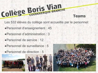 Teams 
Les 532 élèves du collège sont accueillis par le personnel: 
●Personnel d’enseignement : 45 
●Personnel d’administration : 3 
●Personnel de service : 12 
●Personnel de surveillance : 5 
●Personnel de direction : 5 
 