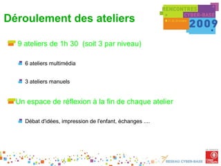 Déroulement des ateliers

  9 ateliers de 1h 30 (soit 3 par niveau)

    6 ateliers multimédia


    3 ateliers manuels


  Un espace de réflexion à la fin de chaque atelier

    Débat d'idées, impression de l'enfant, échanges ....
 