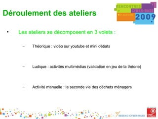 Déroulement des ateliers

 •   Les ateliers se décomposent en 3 volets :

      –   Théorique : vidéo sur youtube et mini débats




      –   Ludique : activités multimédias (validation en jeu de la théorie)




      –   Activité manuelle : la seconde vie des déchets ménagers
 