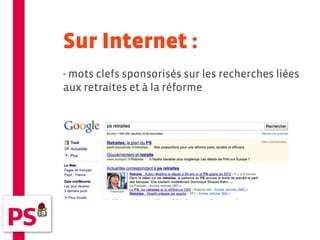 Sur Internet :
- mots clefs sponsorisés sur les recherches liées
aux retraites et à la réforme
 