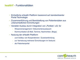 healthY   - Funktionalitäten Einheitliche eHealth Plattform basierend auf standardisierter  Portal Technologie  Zusammenführung und Bereitstellung von Patientendaten aus unterschiedlichen Einrichtungen  Variabler Ausbau durch Integration von „Portlets“ z.B. für  Wissensmanagement / Dokumentenaustausch Kommunikation (E-Mail, Termine, Nachrichten, Blogs) Nutzung der eHealth Plattform zum Aufbau von Kooperationen / Zuweiserbindung zur Vernetzung mehrerer Einrichtungen im Verbund als Patientenportal  
