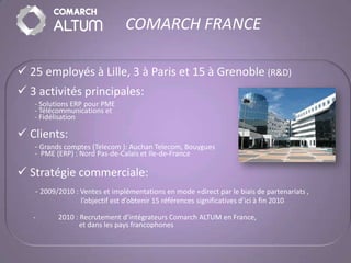 COMARCH FRANCE

 25 employés à Lille, 3 à Paris et 15 à Grenoble (R&D)
 3 activités principales:
   - Solutions ERP pour PME
   - Télécommunications et
   - Fidélisation

 Clients:
   - Grands comptes (Telecom ): Auchan Telecom, Bouygues
   - PME (ERP) : Nord Pas-de-Calais et Ile-de-France

 Stratégie commerciale:
   - 2009/2010 : Ventes et implémentations en mode «direct par le biais de partenariats ,
                 l’objectif est d’obtenir 15 références significatives d’ici à fin 2010

   -      2010 : Recrutement d’intégrateurs Comarch ALTUM en France,
                 et dans les pays francophones
 