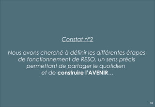 Constat n°2

Nous avons cherché à définir les différentes étapes
   de fonctionnement de RESO, un sens précis
      permettant de partager le quotidien
           et de construire l’AVENIR…




                                                      18
 