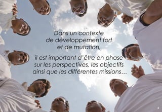 Dans un contexte
    de développement fort
       et de mutation,
 il est important d’être en phase
sur les perspectives, les objectifs
ainsi que les différentes missions…




                                      2
 