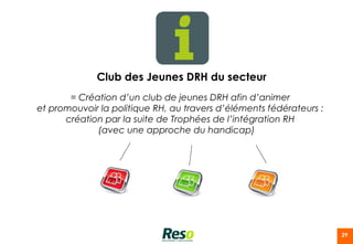 Club des Jeunes DRH du secteur
       = Création d’un club de jeunes DRH afin d’animer
et promouvoir la politique RH, au travers d’éléments fédérateurs :
      création par la suite de Trophées de l’intégration RH
             (avec une approche du handicap)




                                                                     29
 