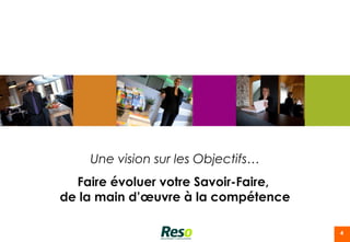 Une vision sur les Objectifs…
  Faire évoluer votre Savoir-Faire,
de la main d’œuvre à la compétence

                                      4
 