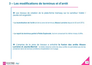 3 – Les modifications de terminus et d’arrêt


     Les travaux de création de la plate-forme tramway sur le carrefour Viallet /
  Jaurès ont engendré :


  - La neutralisation de l’arrêt (et de la zone de terminus) Alsace Lorraine depuis le 02 avril 2012.




  - Le report du terminus partiel à Petite Esplanade, tout en conservant le même niveau d’offre.




     L’emprise de la zone de travaux a entraîné la fusion des arrêts Alsace
  Lorraine et Jaurès-Berriat : la faible distance entre les deux arrêts ne permettait pas de les
  conserver dans de bonnes conditions d’exploitation et d’usage.




                                                                                                        13
                                                                                                        13
 