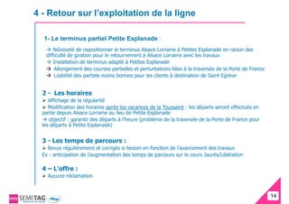 4 - Retour sur l’exploitation de la ligne

  1- Le terminus partiel Petite Esplanade :
       Nécessité de repositionner le terminus Alsace Lorraine à Petites Esplanade en raison des
   difficulté de giration pour le retournement à Alsace Lorraine avec les travaux
       Installation de terminus adapté à Petites Esplanade
        Allongement des courses partielles et perturbations liées à la traversée de la Porte de France
        Lisibilité des partiels moins bonnes pour les clients à destination de Saint Egrève


  2 - Les horaires
     Affichage de la régularité
     Modification des horaires après les vacances de la Toussaint : les départs seront effectués en
  partie depuis Alsace Lorraine au lieu de Petite Esplanade
     objectif : garantir des départs à l’heure (problème de la traversée de la Porte de France pour
  les départs à Petite Esplanade)


  3 - Les temps de parcours :
    Revus régulièrement et corrigés si besoin en fonction de l’avancement des travaux
  Ex : anticipation de l’augmentation des temps de parcours sur le cours Jaurès/Libération

  4 – L’offre :
    Aucune réclamation


                                                                                                         14
                                                                                                         14
 