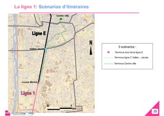 La ligne 1: Scénarios d’itinéraires
                              Centre ville




                                                          3 scénarios :
         Vallier Jaurès
                                                       Terminus bout de la ligne E

                                                       Terminus ligne C Vallier – Jaurès

                                                       Terminus Centre ville




   Louise Michel




                          0                  1
                                                 Km.
                                                                                           25
                                                                                           25
 