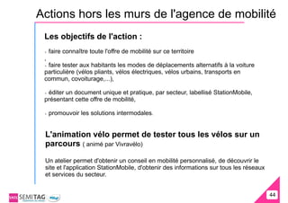Actions hors les murs de l'agence de mobilité
 Les objectifs de l'action :
     faire connaître toute l'offre de mobilité sur ce territoire
 ,
  faire tester aux habitants les modes de déplacements alternatifs à la voiture
 particulière (vélos pliants, vélos électriques, vélos urbains, transports en
 commun, covoiturage,...),

  éditer un document unique et pratique, par secteur, labellisé StationMobile,
 présentant cette offre de mobilité,

     promouvoir les solutions intermodales.


 L'animation vélo permet de tester tous les vélos sur un
 parcours ( animé par Vivravélo)

 Un atelier permet d'obtenir un conseil en mobilité personnalisé, de découvrir le
 site et l'application StationMobile, d'obtenir des informations sur tous les réseaux
 et services du secteur.


                                                                                        44
                                                                                        44
 