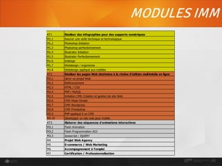 MODULES IMM
AT1 Réaliser des infographies pour des supports numériques
M1.1 Assurer une veille technique et technologique
M1.2 Photoshop Initiation
M1.3 Photoshop perfectionnement
M1.4 Illustrator Initiation
M1.5 Illustrator Perfectionnement
M1.6 Indesign
M1.7 Webdesign / ergonomie
M1.8 Webdesign appliqué aux mobiles
AT2 Réaliser les pages Web destinées à la chaîne d'édition multimédia en ligne
M2.1 Gérer un projet Web
M2.2 Référencement
M2.3 HTML / CSS
M2.4 PHP / MySQL
M2.5 Initiation CMS Création et gestion de site Web
M2.6 CMS Made Simple
M2.7 CMS Wordpress
M2.8 CMS Prestashop
M2.9 PHP appliqué à un CMS
M2.10 Développer un site web pour mobile
AT3 Elaborer des séquences d'animations interactives
M3.1 Flash Animation
M3.2 Flash Programmation AS3
M3.3 Javascript / JQUERY
M4 Projet Web Agency
M5 E-commerce / Web Marketing
M6 Accompagnement à l'emploi
M7 Certification / Professionnalisation
 