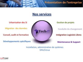 Présentation de l’entreprise


                              Nos services

      Urbanisation des SI                               Gestion de projets

  Migration des données                                   Conduite du changement

Conseil, audit et formation                             Intégration Logiciels Libres

Développements spécifiques                               Maintenance & Support

                        Installation, administration de systèmes
                                        GNU/Linux
 
