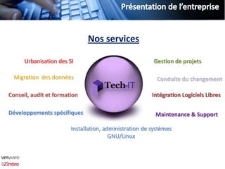 Nos services

      Urbanisation des SI                               Gestion de projets

  Migration des données                                   Conduite du changement

Conseil, audit et formation                             Intégration Logiciels Libres

Développements spécifiques                               Maintenance & Support

                        Installation, administration de systèmes
                                        GNU/Linux
 