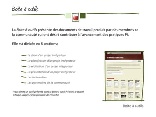 Boite à outils

La Boite à outils présente des documents de travail produis par des membres de
la communauté qui ont désiré contribuer à l’avancement des pratiques PI.

Elle est divisée en 6 sections:

              Le choix d’un projet intégrateur
              La planification d’un projet intégrateur
              La réalisation d’un projet intégrateur
              La présentation d’un projet intégrateur
              Les inclassables
              Les partenaires de la communauté

Vous aimez un outil présenté dans la Boite à outils? Faites-le savoir!
Chaque usager est responsable de l’enrichir.



                                                                         Boite à outils
 