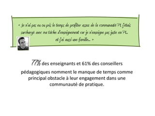 « Je n'ai pas eu ou pris le temps de profiter assez de la communauté PI, j'étais
  surchargé avec ma tâche d'enseignement car je n'enseigne pas juste en PI...
                           et j'ai aussi une famille... »



         77% des enseignants et 61% des conseillers
 pédagogiques nomment le manque de temps comme
    principal obstacle à leur engagement dans une
               communauté de pratique.
 