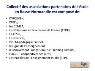 Collectif des associations partenaires de l’école
en Basse-Normandie est composé de:
• l’AROEVEN,
• l’AFEV,
• les CEMEA,
• Les Eclaireurs et Eclaireuses de France (EEDF),
• La FESPI,
• Les Francas,
• l’ICEM-pédagogie Freinet,
• la Ligue de l’Enseignement,
• le Mouvement Français pour le Planning Familial,
• l’OCCE – coopératives scolaires,
• Les Pupilles de l’Enseignement Public (PEP).
 