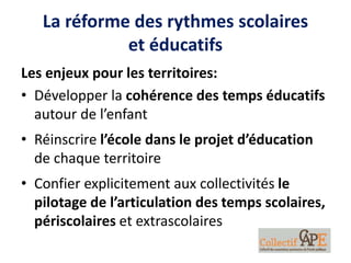 La réforme des rythmes scolaires
et éducatifs
Les enjeux pour les territoires:
• Développer la cohérence des temps éducatifs
autour de l’enfant
• Réinscrire l’école dans le projet d’éducation
de chaque territoire
• Confier explicitement aux collectivités le
pilotage de l’articulation des temps scolaires,
périscolaires et extrascolaires
 