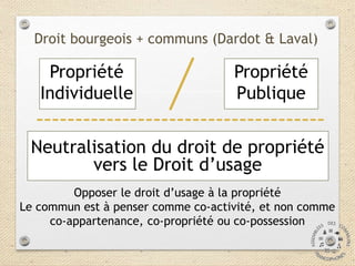 Droit bourgeois + communs (Dardot & Laval)
Neutralisation du droit de propriété
vers le Droit d’usage
Propriété
Individuelle
Propriété
Publique
Opposer le droit d’usage à la propriété
Le commun est à penser comme co-activité, et non comme
co-appartenance, co-propriété ou co-possession
 