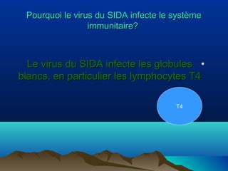 Pourquoi le virus du SIDA infecte le système
immunitaire?

Le virus du SIDA infecte les globules •
blancs, en particulier les lymphocytes T4
T4

 