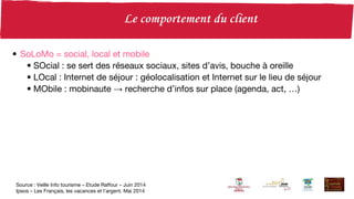 • SoLoMo = social, local et mobile
• SOcial : se sert des réseaux sociaux, sites d’avis, bouche à oreille
• LOcal : Internet de séjour : géolocalisation et Internet sur le lieu de séjour
• MObile : mobinaute → recherche d’infos sur place (agenda, act, …)
Source : Veille Info tourisme – Etude Raffour – Juin 2014
Ipsos – Les Français, les vacances et l’argent. Mai 2014
 