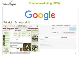 Content marketing (SEO)
3
Priorité : fiche produit
 